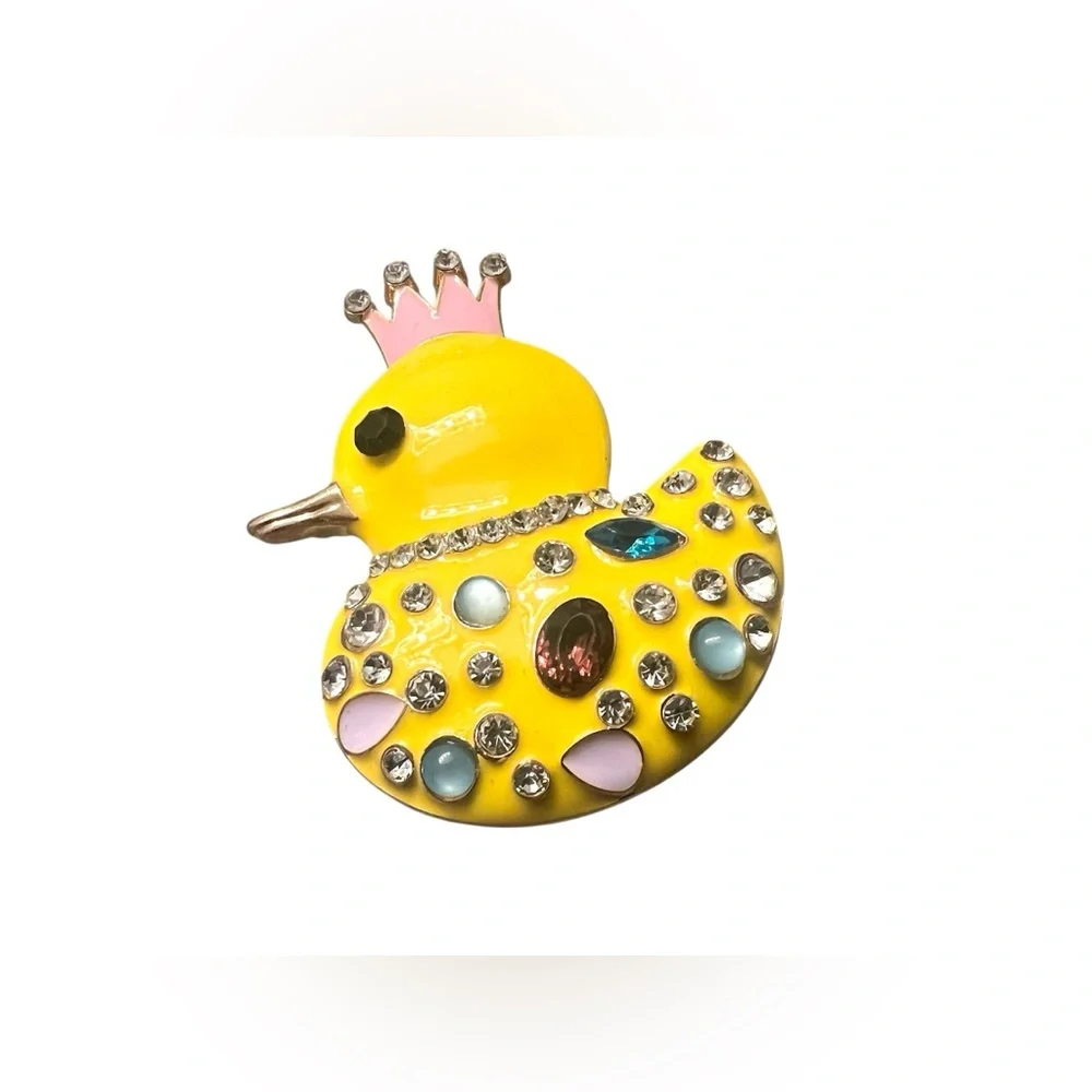 Gold Toned Yellow Enamel Crown Duck Brooch with Rhinestones